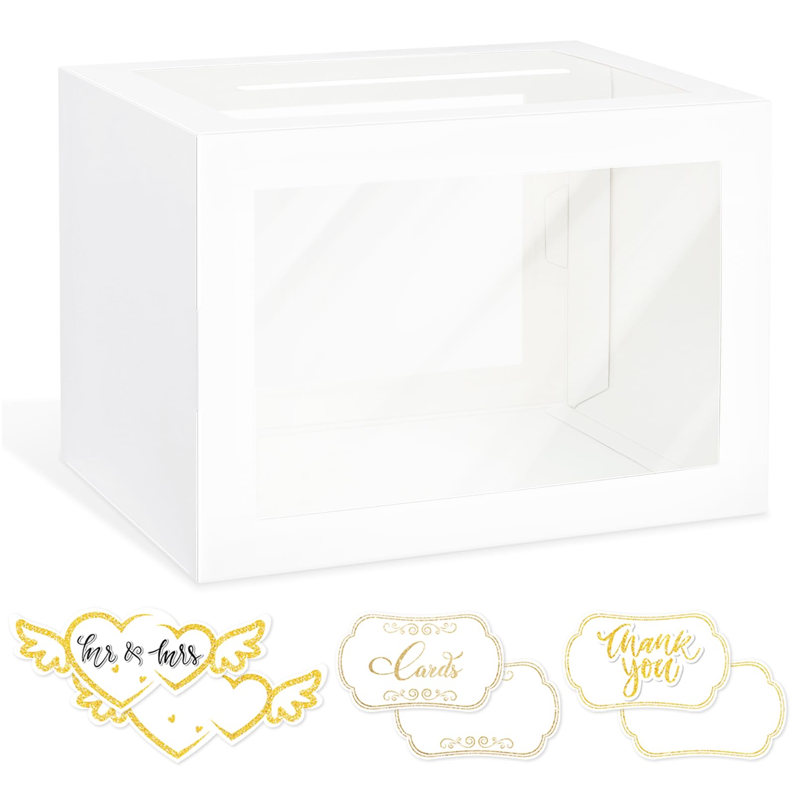 LIKAJON 1 Pack White Card Box for Party, Transparent Gift Cards Receiving Box Wedding Card Box Money Box for Birthday, Bridal or Baby Showers, Retirement, Anniversary, Graduation, Raffle Ticket Box