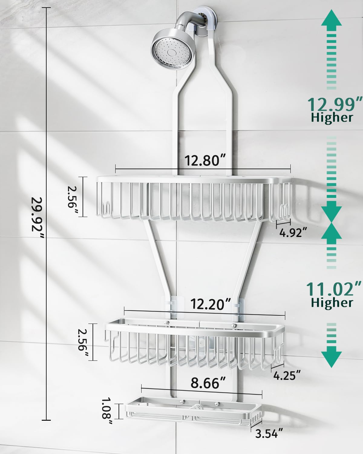 Shower Caddy Hanging Bathroom Organizer: Over Head Long Rack for Tall Showerhead - Extra Large Shelf for Big Shampoo Bottles with Soap Holder