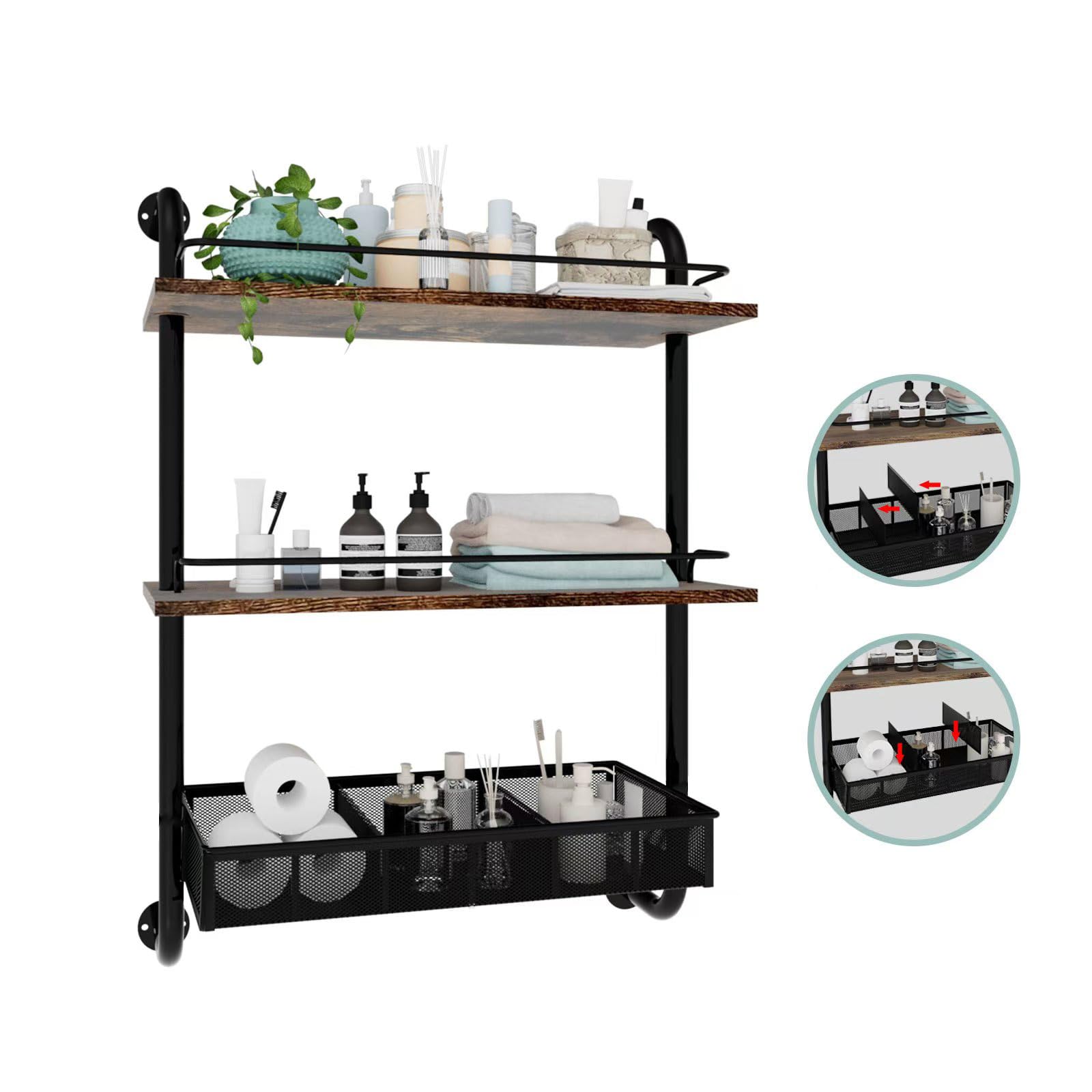 QoQoLiLi 3 Tier Industrial Pipe Shelving, 24Inch Industrial Wall Shelf with Adjustable Baskets and Protective Metal Guardrail, Wall Shelves Unit and Wall Mounted Shelves, Vintage Brown