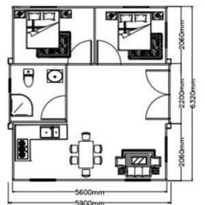 Large Portable House With Windows and Doors, L19ft x W20ft Prefabricated Home With Steel Frame: 2 Bedrooms, 1 Kitchen With Cabinets and Wash Basin, 1 Fully Equipped Washroom, Living Room, Unfurnished.