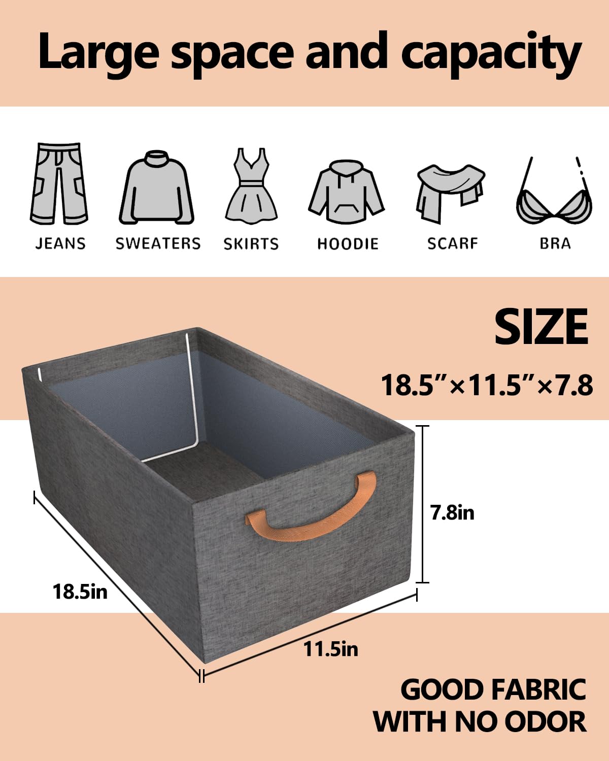 organizer box metal frame storage bins, rectangle storage baskets for closet.collapsible fabric storage baskets with handles.Stackable wardrobe storage boxes for clothes toys,grey-3 Pcs