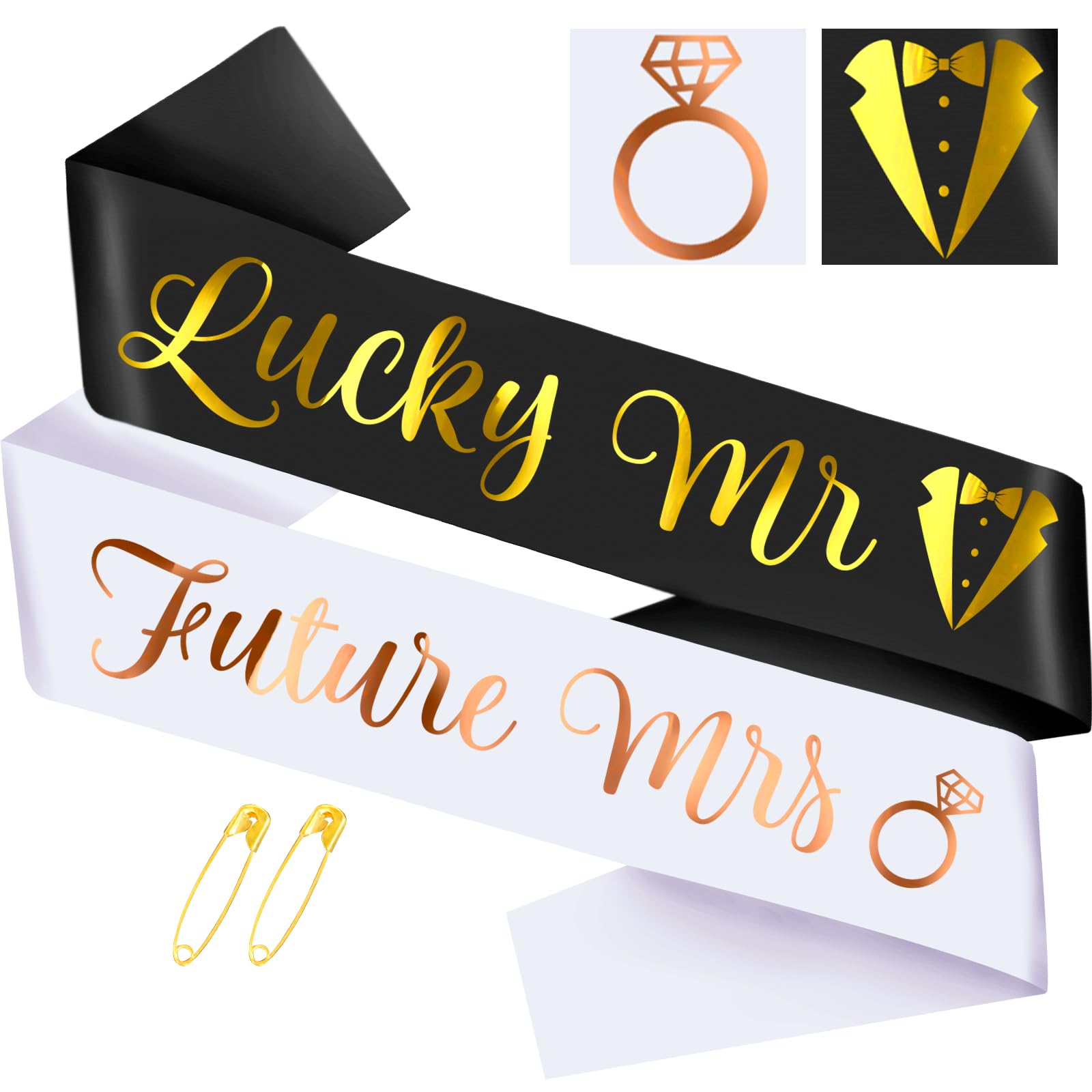 Lucky Mr & Future Mrs - Groom to Be Sash and Bride to Be Sash Set, Funny Black Bachelor & White Bachelorette Sashes for Bridal Shower Wedding Party Decorations Engagement Gifts (Gold + Rose Gold)