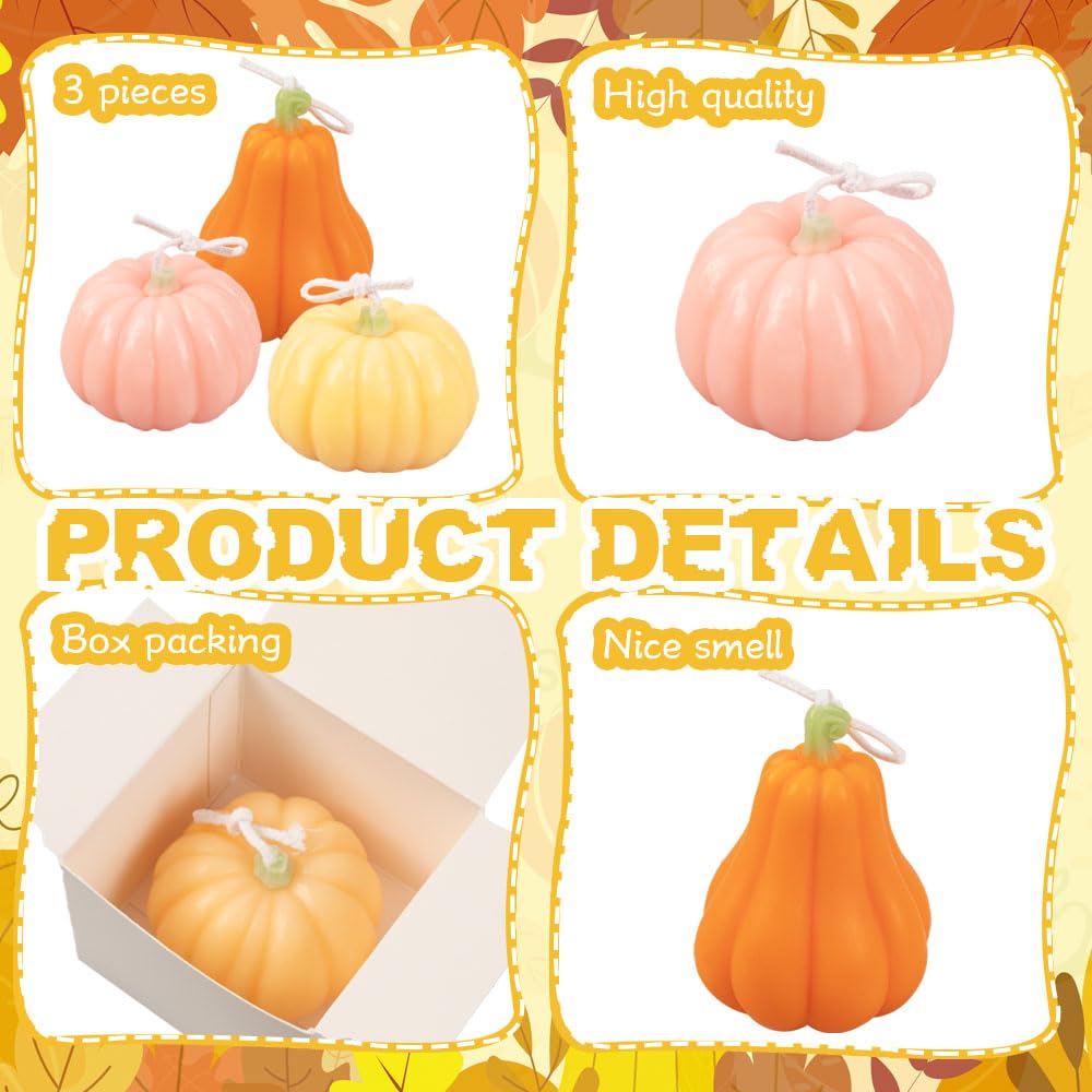 3 Pieces Fall Decorations for Home Fun Pumpkin Scented Candle Handmade Wax Fall Pumpkin Candles Decor for Autumn Harvest Halloween Party Favor Supplies