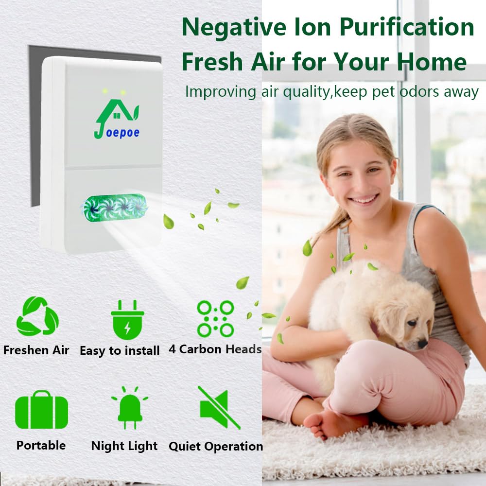 Joepoe Air Ionizer Plug In, Ionizer Air Purifier with Negative Ion Technology Output 34 Million Anions/Sec, Negative Ion Air Purifier for Home Cleanse: Pet Odors, Various Smell, Dust, Etc（4-Pack)