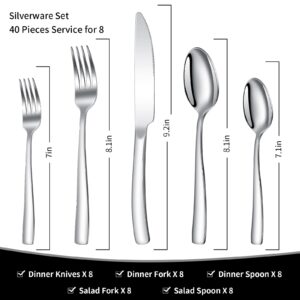 40-Piece Silverware Set, Heavy Duty Stainless Steel Flatware Set Service for 8, Modern Design Cutlery Utensil Sets, Dinner Fork Knife Spoon Eating Tableware Sets for Home, Dishwasher Safe