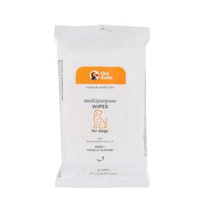 the dodo multipurpose wipes for dogs, sweet vanilla almond with hemp seed and castor oil; easy wipes for dogs, waterless grooming supplies