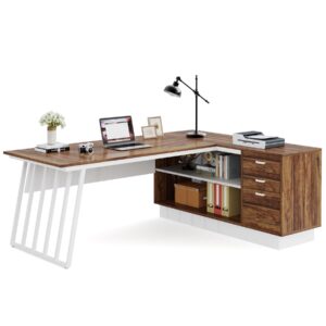 Tribesigns 71-Inch Executive Desk, L-Shaped Desk with Cabinet, Large Office Desk with Drawers and Storage Shelves, Writing Table Computer Desk for Home Office, Brown and White