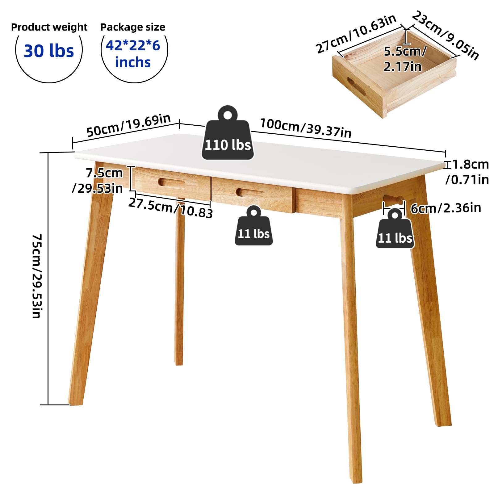 Aibiju Small Computer Desk Table, Wood Writing Desk with Drawer and Hanging Rod, 39x20x30inch Study Desk, Work Desk, Wooden Dining Table White + Natural Wood Legs YD-WD01WN