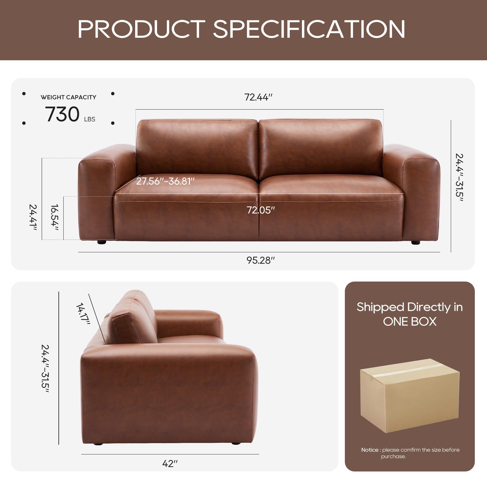 COLAMY 95" Oversized PU Leather Sofa, Comfy Sofa Couch with Extra Deep Seats, Wide Arm, Down Filled 3-Seater Modern Sofa for Living Room, Apartment Lounge-Auburn