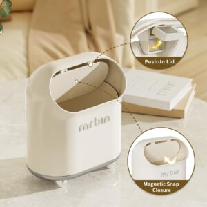 MRBIN Small Desk Trash Can for Bathroom with Lid, Mini Office Paper Litter Lint Bin with Stainless Steel Foot Pad, Kids Cute Countertop Plastic Waste Basket for Bedroom and Car, White