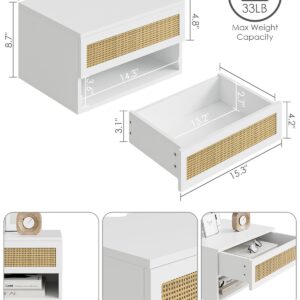 Floating Nightstand, Small Modern Floating Nightstand with Drawer, Floating Shelves for Bedroom, Bathroom (White Rattan)