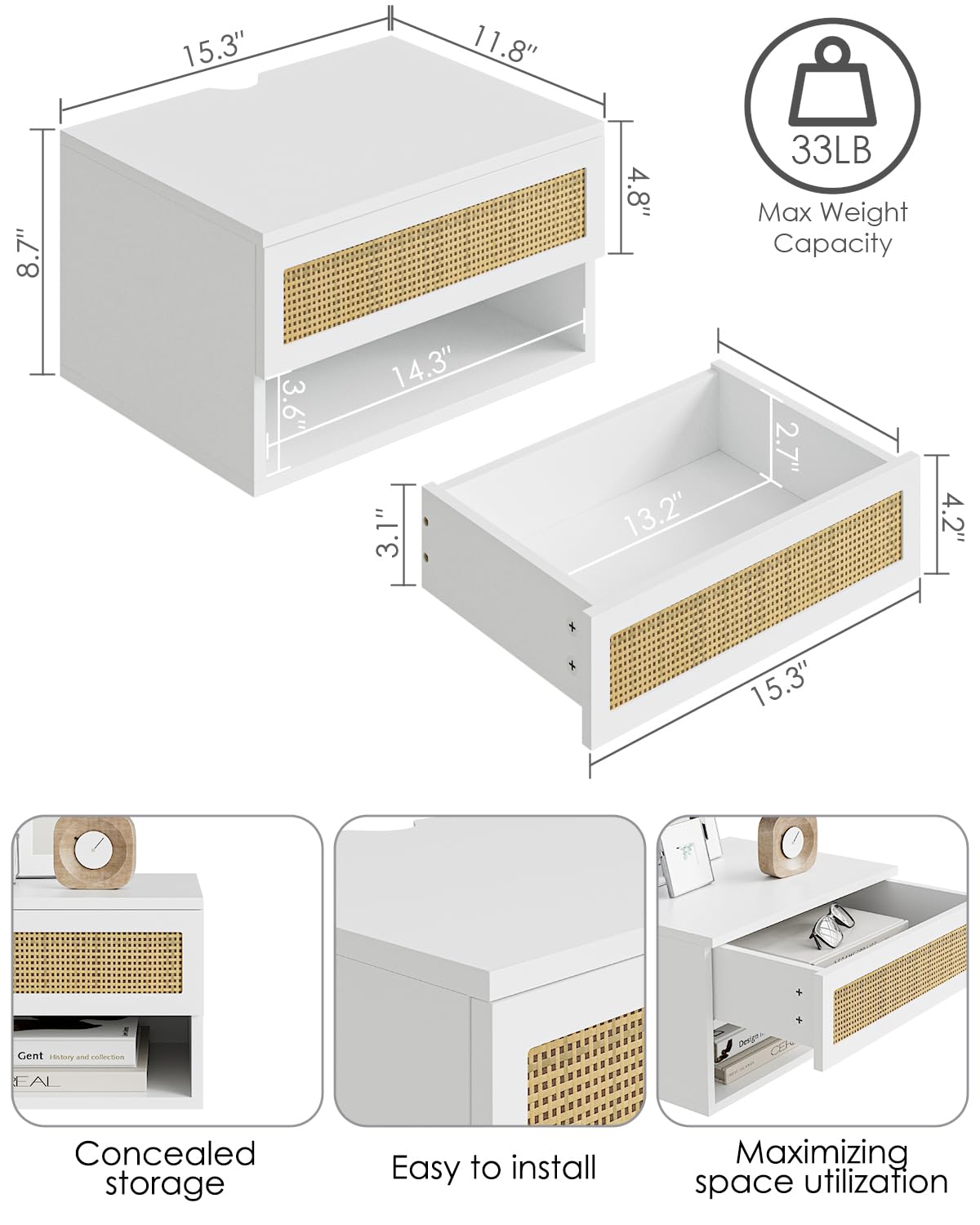 Floating Nightstand, Small Modern Floating Nightstand with Drawer, Floating Shelves for Bedroom, Bathroom (White Rattan)