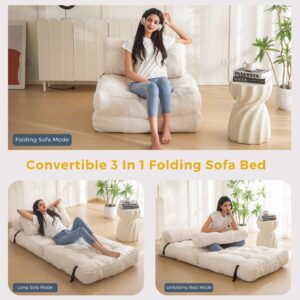 MAXYOYO Folding Sofa Bed, Convertible Sleeper Chair with Pillow Foldable Mattress with Back Support, Portable Fold Out Sofa Couch Fuzzy Fabric Comfy Floor Sofa Lounge for Living Room Apartment, Beige