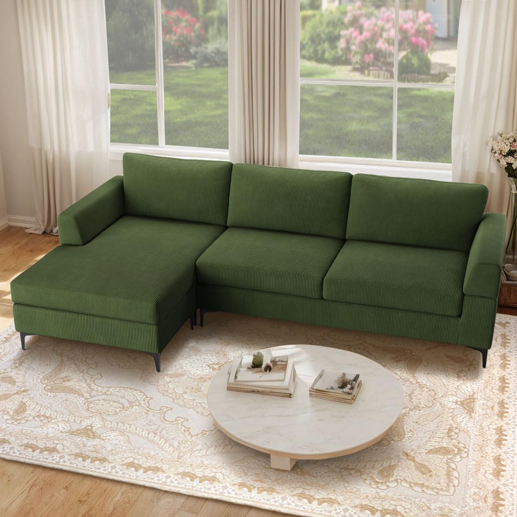 POUUIN 96" Corduroy Sectional Sofa Couch,L Shape Couches for Living Room,3 Seat Reversible Chaise Sofa Convertible Lounge Corner Sofa Living Room Furniture Set (Green)