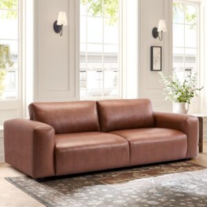 COLAMY 95" Oversized PU Leather Sofa, Comfy Sofa Couch with Extra Deep Seats, Wide Arm, Down Filled 3-Seater Modern Sofa for Living Room, Apartment Lounge-Auburn