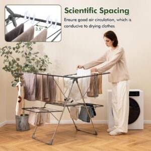 Tangkula Laundry Drying Rack, Foldable Clothes Drying Rack with Height Adjustable Wings, 33 Drying Rails & Sock Clips, Freestanding Gullwing Garment Stand for Indoor & Outdoor Use (Sliver+Grey)