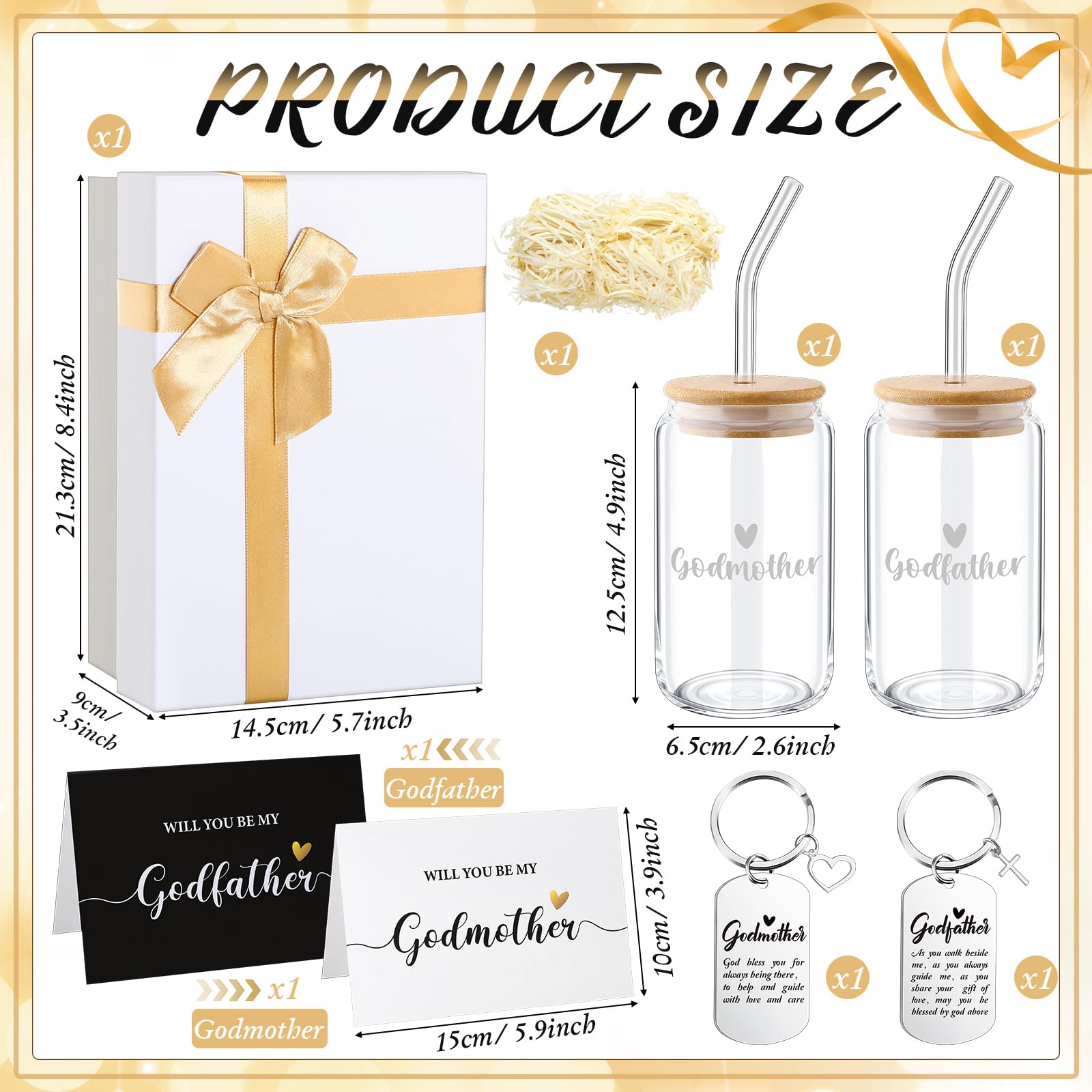 Qinyoung 7 Pcs Godparents Proposal Gift Will You Be My Godmother Godfather Gift Set Includes Coffee Glass Keychains Cards Gift Box for Godmother Godfather from Godchild Baptism Christmas Gift