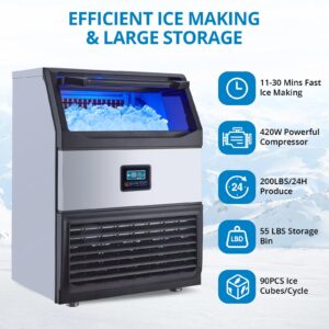 GarveeTech Commercial Ice Maker Machine, 200LB/24H Stainless Steel Under Counter Ice Maker with 55LBS Storage Capacity, 90 Ice Cubes Ready in 11-18Mins for Home, Bar, Restaurant, Outdoor Activities