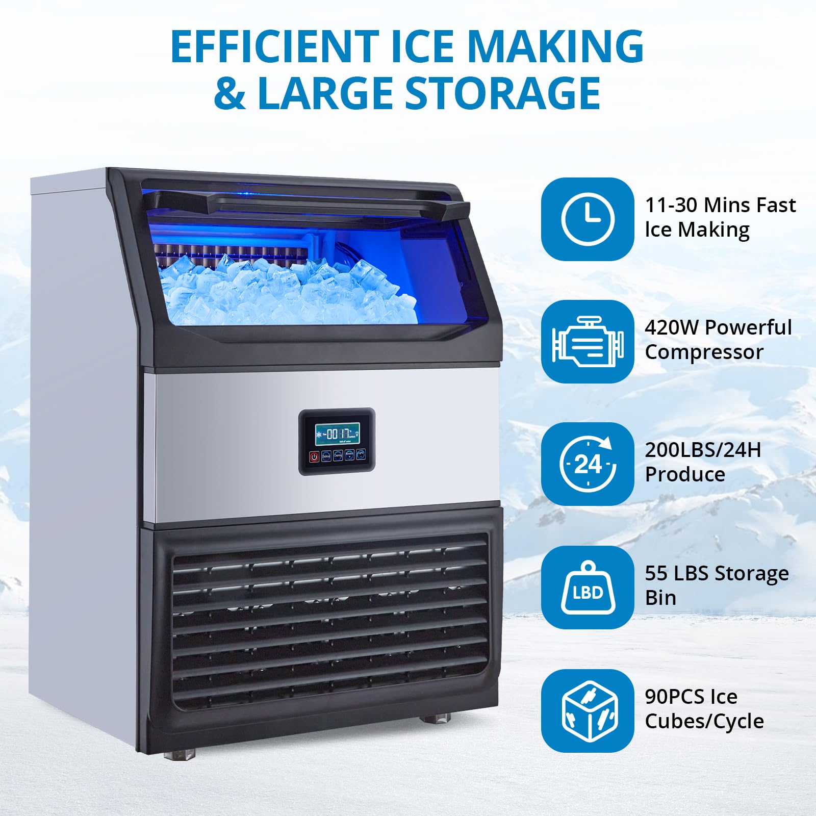 GarveeTech Commercial Ice Maker Machine, 200LB/24H Stainless Steel Under Counter Ice Maker with 55LBS Storage Capacity, 90 Ice Cubes Ready in 11-18Mins for Home, Bar, Restaurant, Outdoor Activities