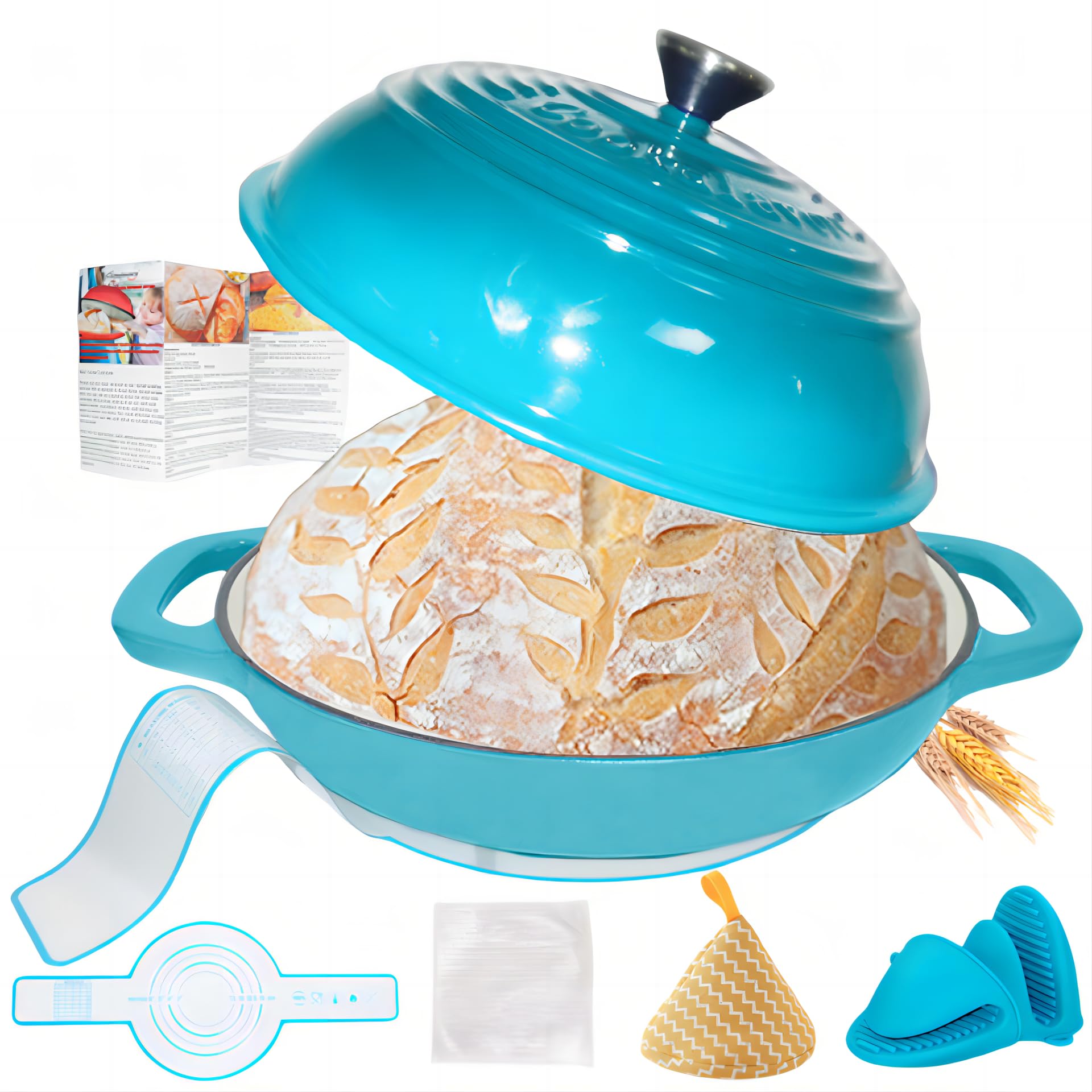 Enameled Cast Iron Bread Pan,11"Dutch Oven for Bread Baking,6 Quart Bread Oven with Lid,Bread Pans for Homemade Bread,Teal Thick Enamel Bread Pan-with Silicone Baking Mat|Clip&Recipe,Bread Making Gift