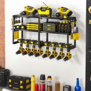 Birodeko Power Tool Organizer Wall Mount, Heavy Duty Utility Tool Rack with 8 Drill Holders and 3-Layer High Capacity Storage Rack for Cordless Tool Screwdriver Plier Hammer Holder