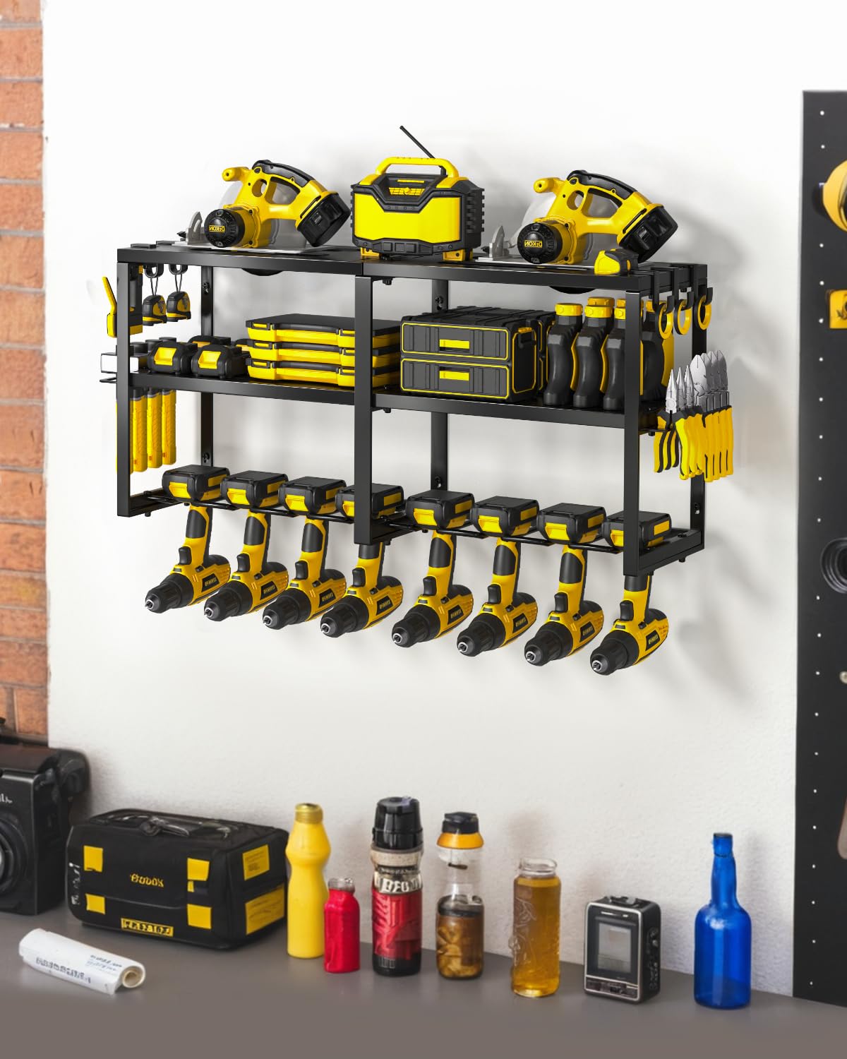 Birodeko Power Tool Organizer Wall Mount, Heavy Duty Utility Tool Rack with 8 Drill Holders and 3-Layer High Capacity Storage Rack for Cordless Tool Screwdriver Plier Hammer Holder