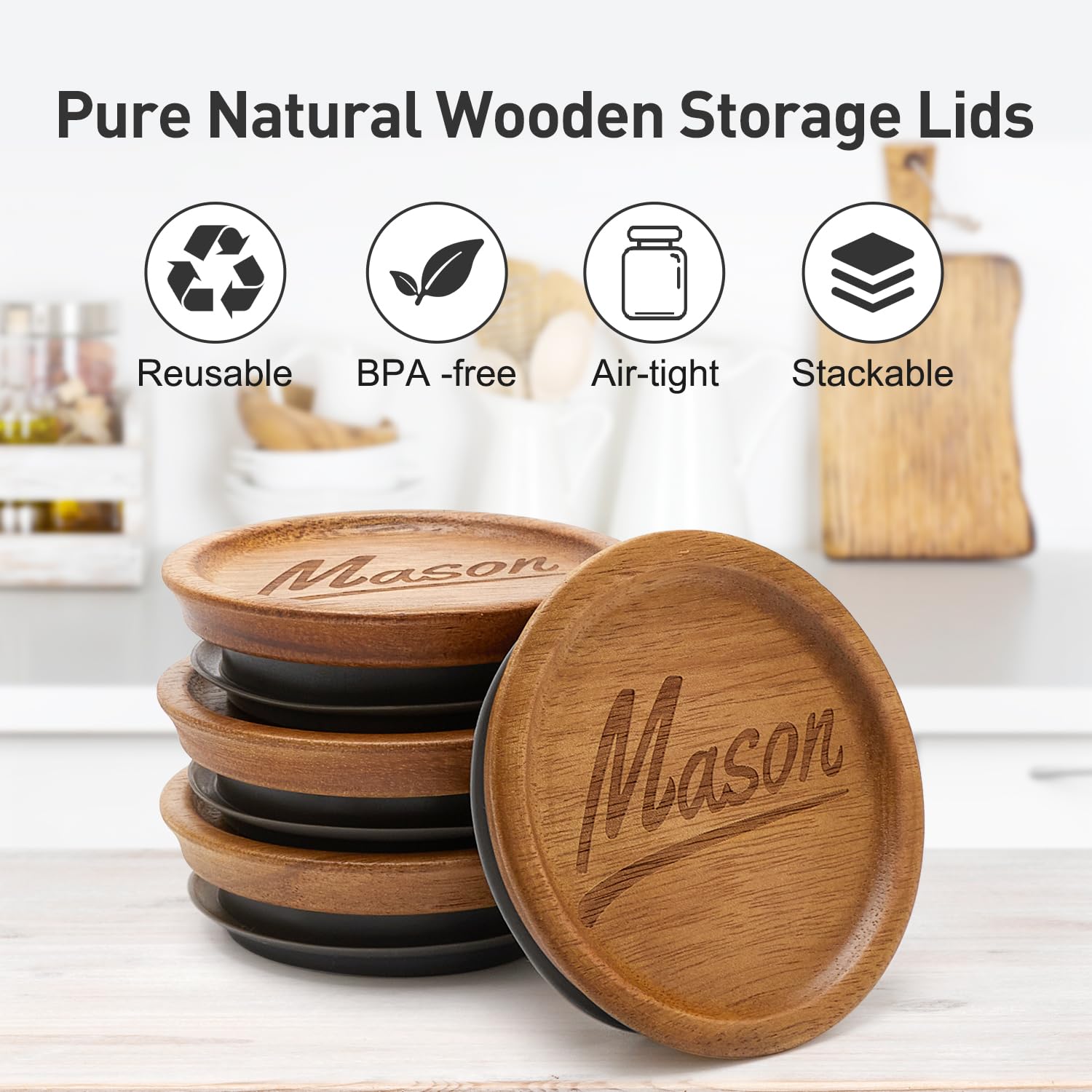 6 Pcs Acacia Wood Mason Jar Lids Regular Mouth Canning Jars Cute Glass Jars with Wooden Lid Silicone Reusable Canning Lids for Jar Cover Kitchen Accessories Decorative Oui Yogurt Jar Lids