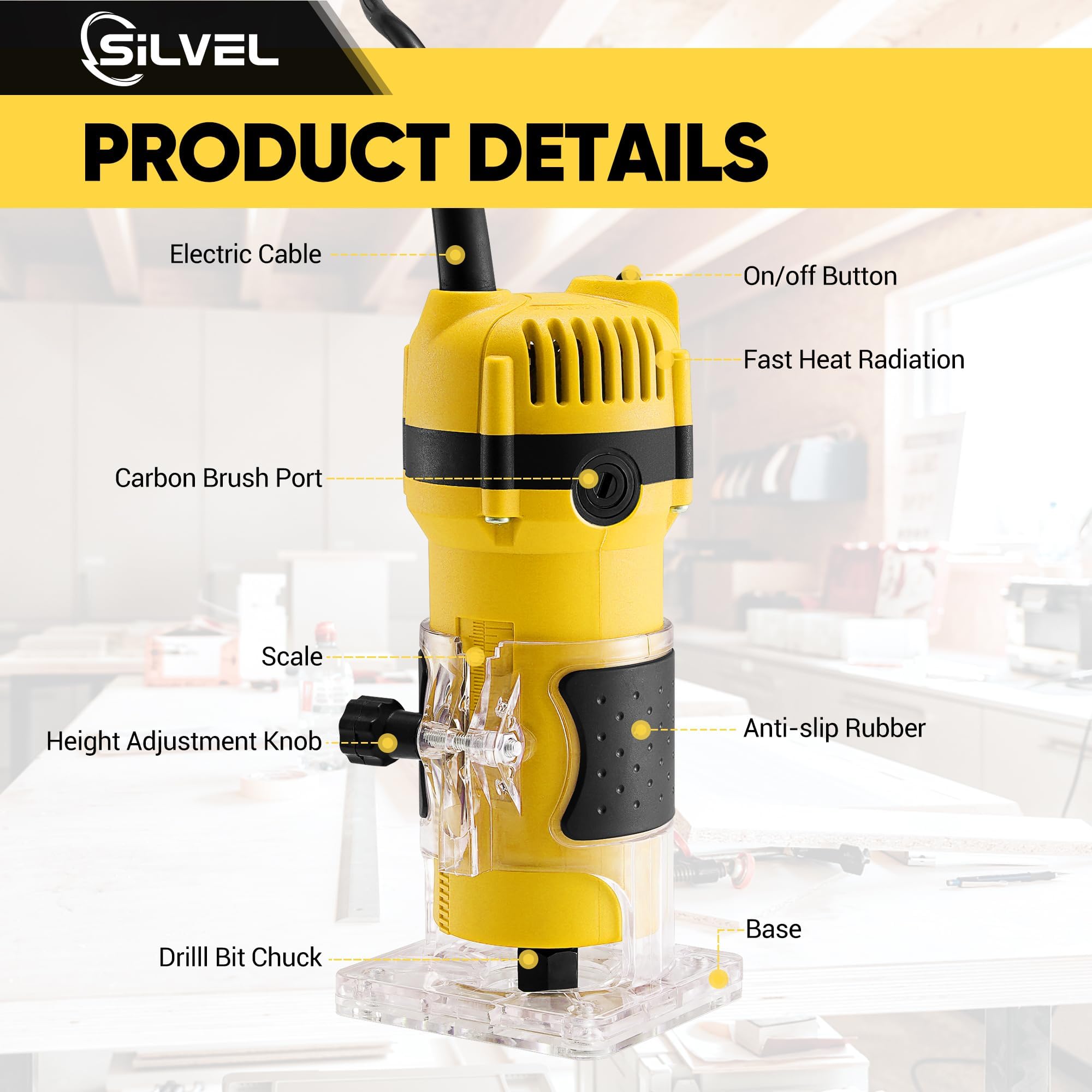 SILVEL Wood Router, 800W Wood Routers for Woodworking, 6.5Amp 1.25HP Hand Wood Router Tool, 30000R/MIN Compact Edge Trimmer with 15 1/4" Router Bit Set, Yellow