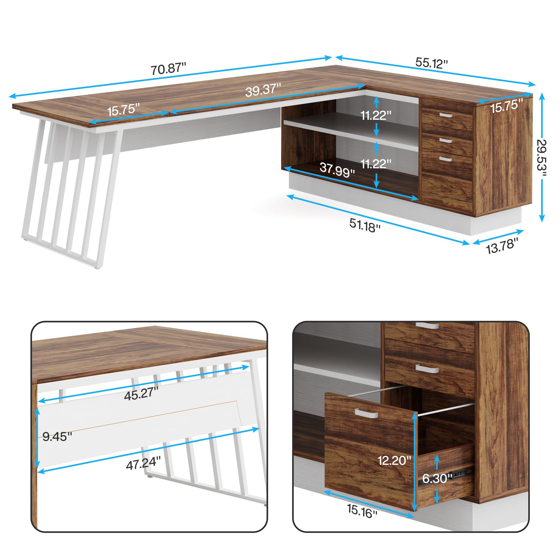 Tribesigns 71-Inch Executive Desk, L-Shaped Desk with Cabinet, Large Office Desk with Drawers and Storage Shelves, Writing Table Computer Desk for Home Office, Brown and White