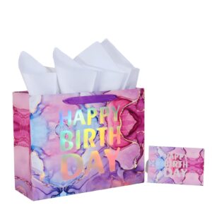 parnog 13" large happy birthday gift bag with tissue paper and card for girls kids women birthday