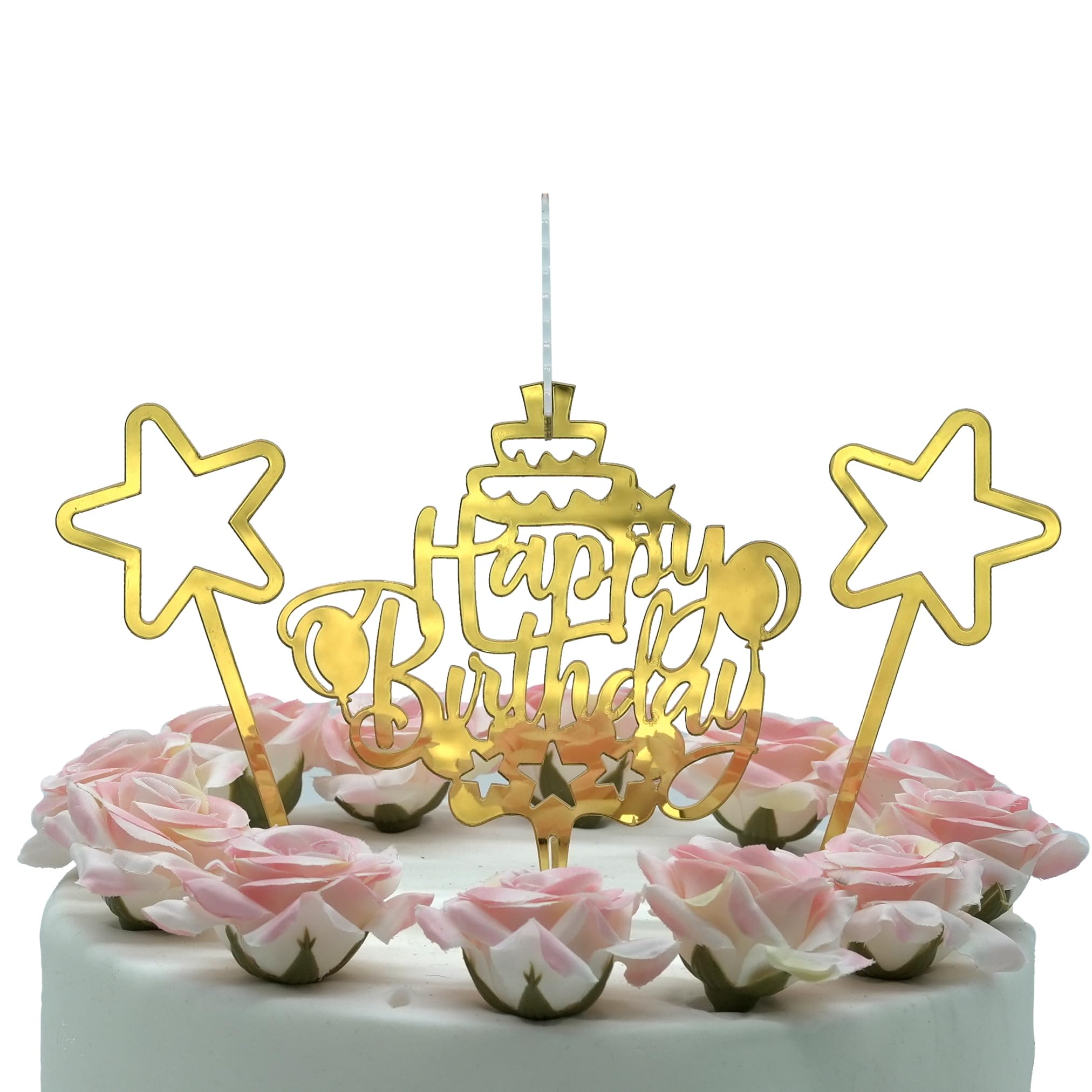 Happy Birthday Cake Topper Candle for Birthday Party Decorations, Acrylic Golden, 2 Wicks (2 Stars)