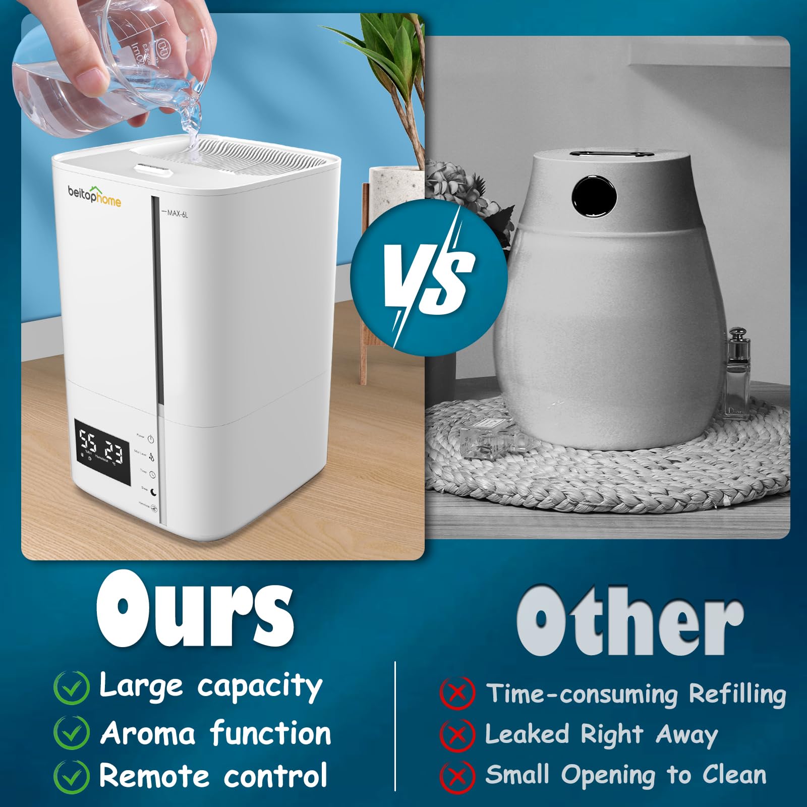 6L Humidifiers for Bedroom Large Room, Cool Mist Humidifier for Baby and Plants, Top Fill Humidifiers with Remote Control, Smart Humidistat Control, Timer, Quiet, Adjustable Mist