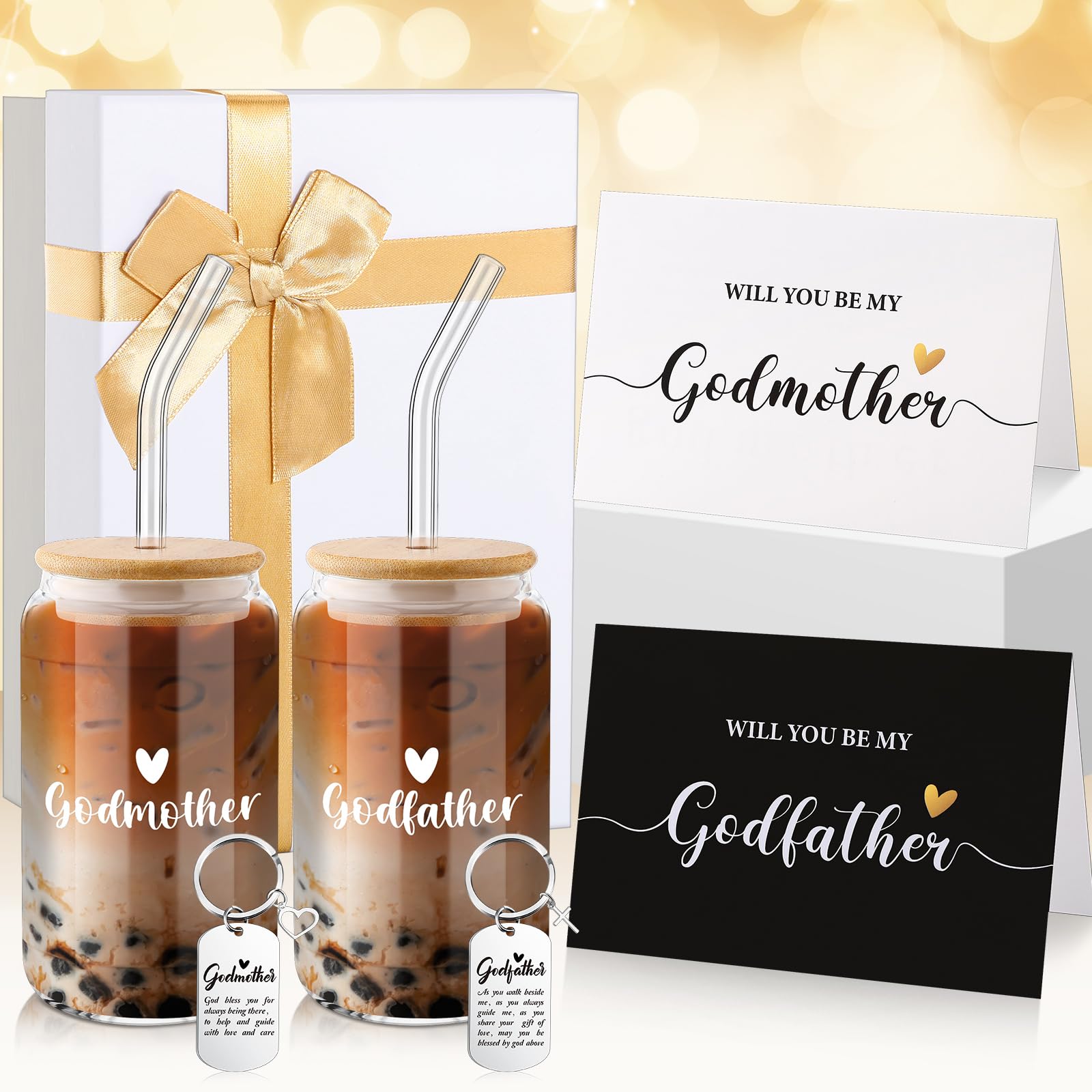 Qinyoung 7 Pcs Godparents Proposal Gift Will You Be My Godmother Godfather Gift Set Includes Coffee Glass Keychains Cards Gift Box for Godmother Godfather from Godchild Baptism Christmas Gift