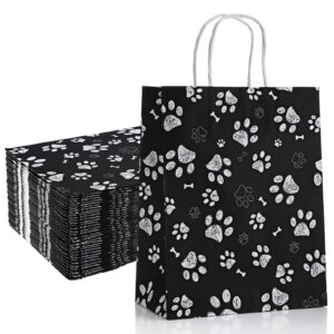 locmeo 50 pcs puppy dog paw print gift bags with paper twist handles 10.6x 8.3 x 4.3 inch kraft dog treat paper bags dog paw print goodie bags for pet treat party favor birthday gift (black)