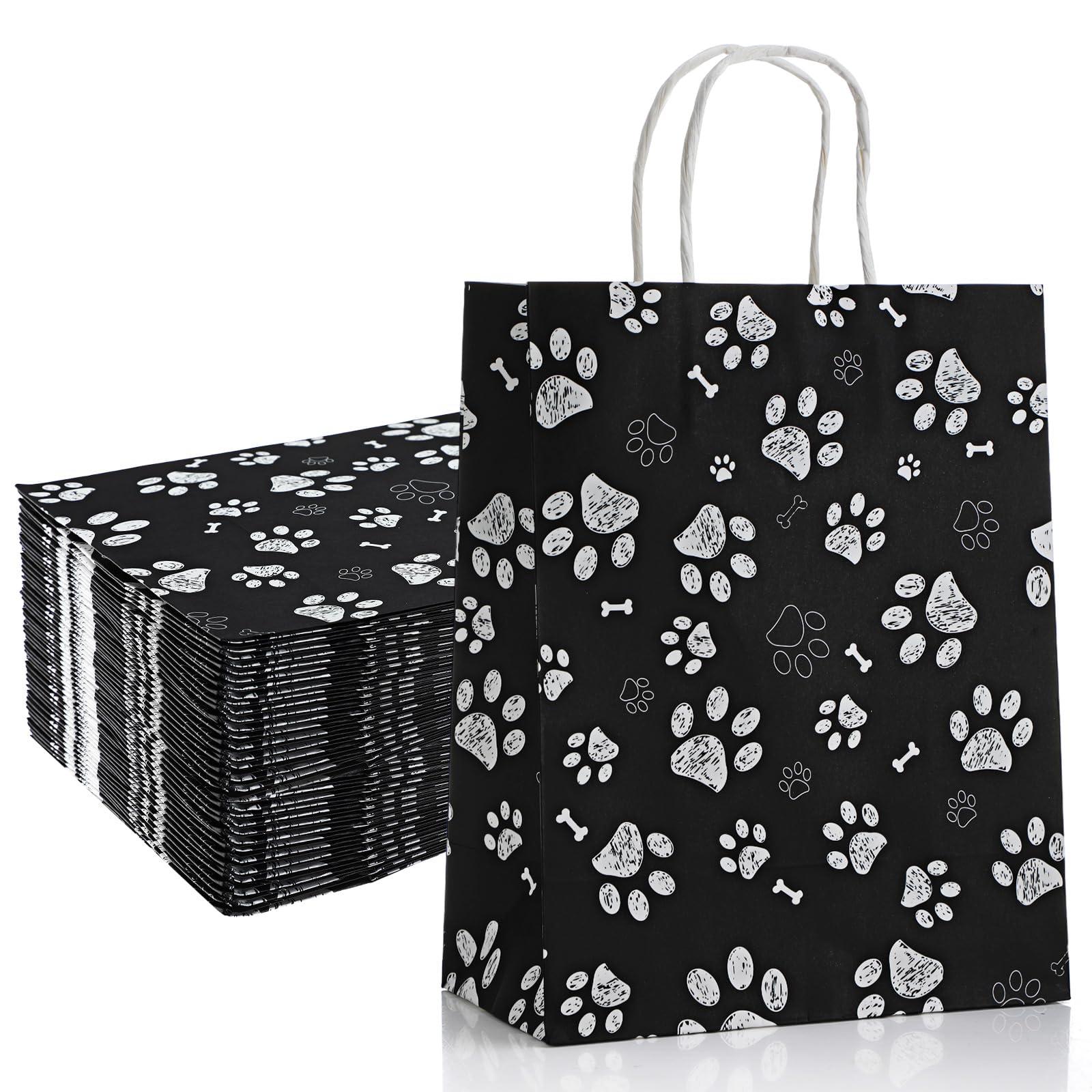 Locmeo 50 Pcs Puppy Dog Paw Print Gift Bags with Paper Twist Handles 10.6x 8.3 x 4.3 Inch Kraft Dog Treat Paper Bags Dog Paw Print Goodie Bags for Pet Treat Party Favor Birthday Gift (Black)