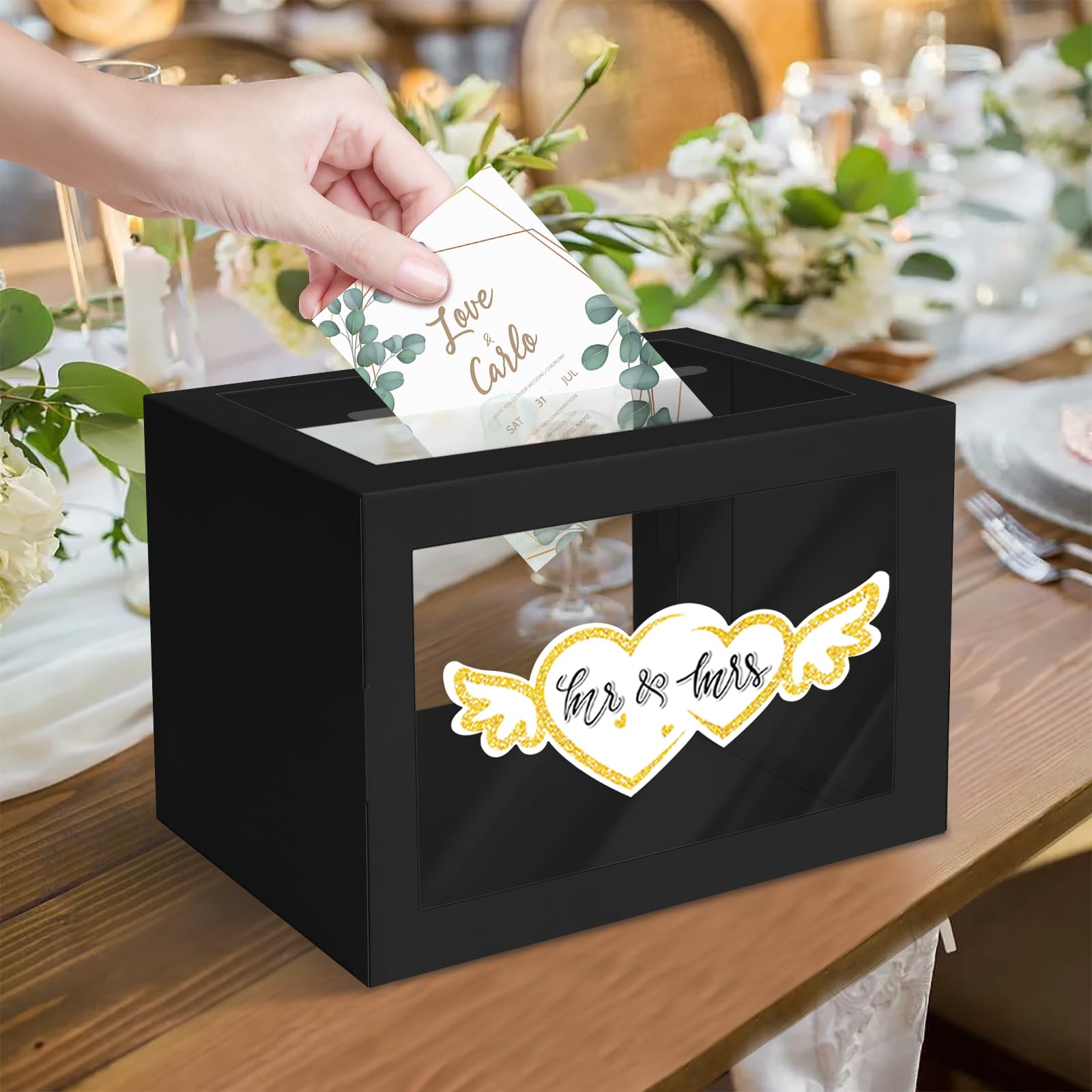 LIKAJON 1 Pack Black Card Box for Party, Transparent Gift Cards Receiving Box Wedding Card Box Money Box for Birthday, Bridal or Baby Showers, Retirement, Anniversary, Graduation, Raffle Ticket Box