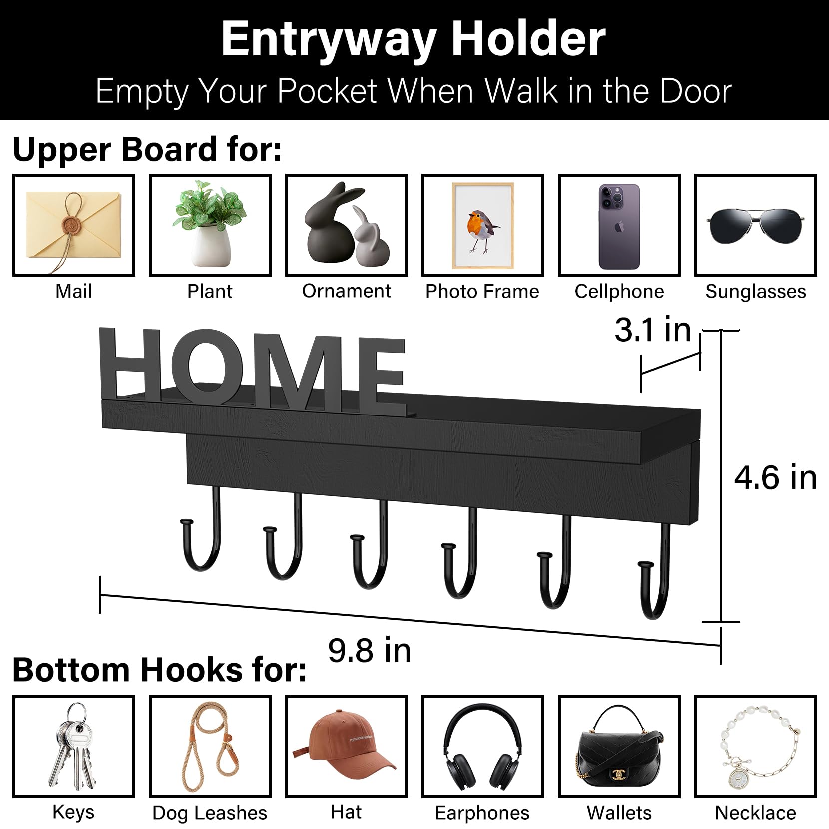 RESOVO Key Holder Wall Mount Key Hooks Entryway Shelf Keys Rack Key Shelf with 6 Metal Hooks Mail Holder, Wooden Shelf, Black (Length: 9.8 Inches)