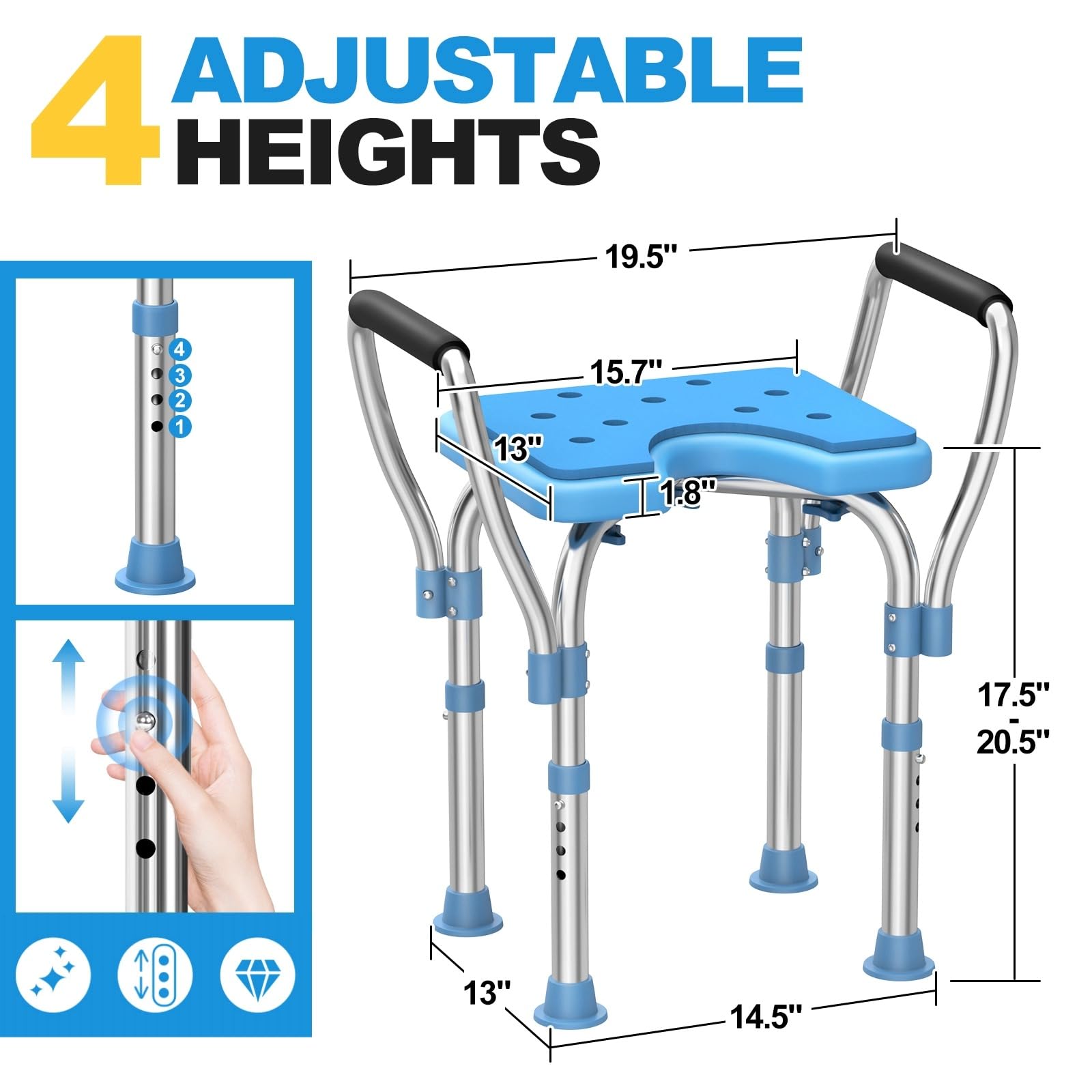 Medhelp Shower Chair with Arms for Inside Shower - Heavy Duty Shower Bench with Cutout Seat - Upgraded Stainless Steel Adjustable 450 lb Bathtub Stool for Seniors, Elderly, Handicap, Disabled