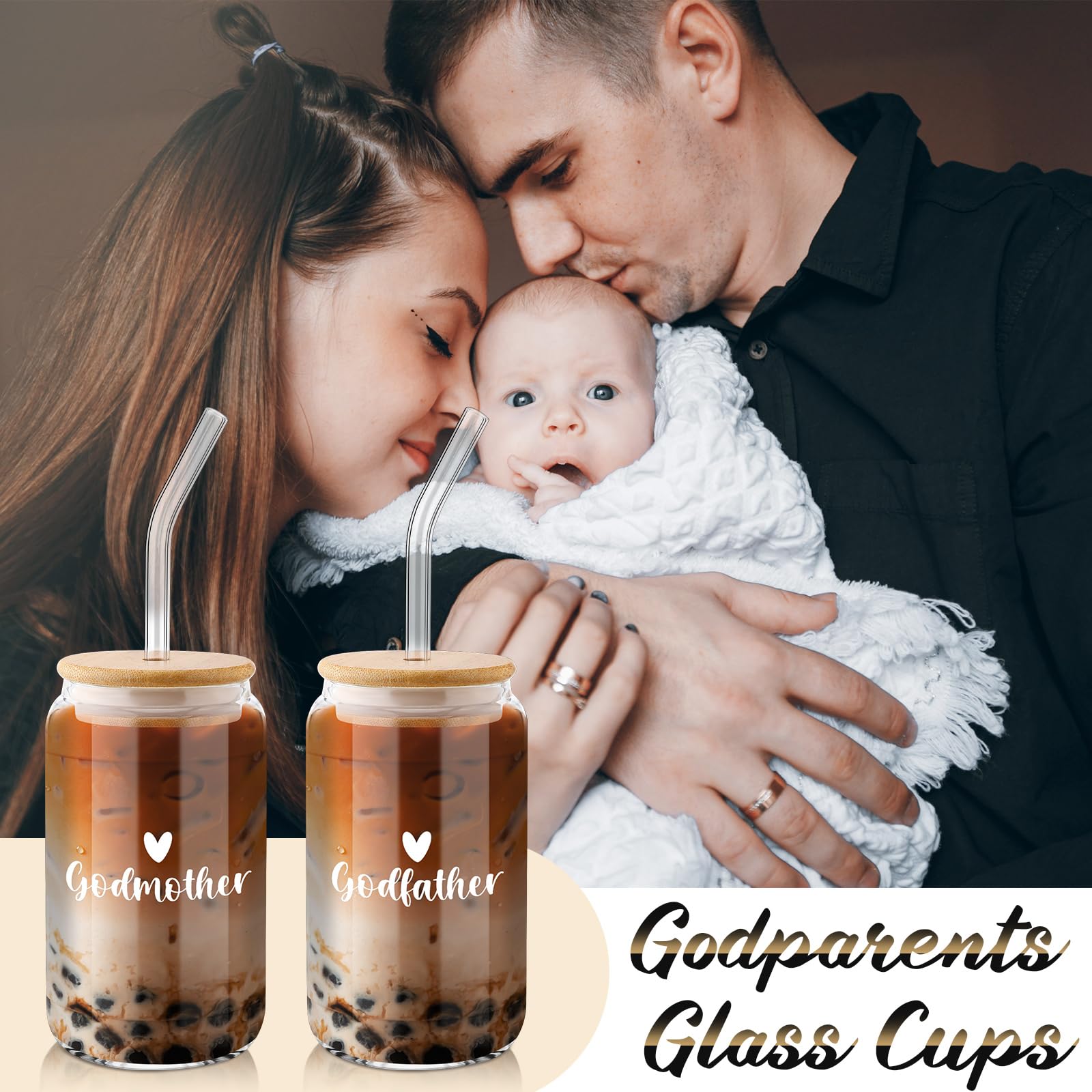 Qinyoung 7 Pcs Godparents Proposal Gift Will You Be My Godmother Godfather Gift Set Includes Coffee Glass Keychains Cards Gift Box for Godmother Godfather from Godchild Baptism Christmas Gift