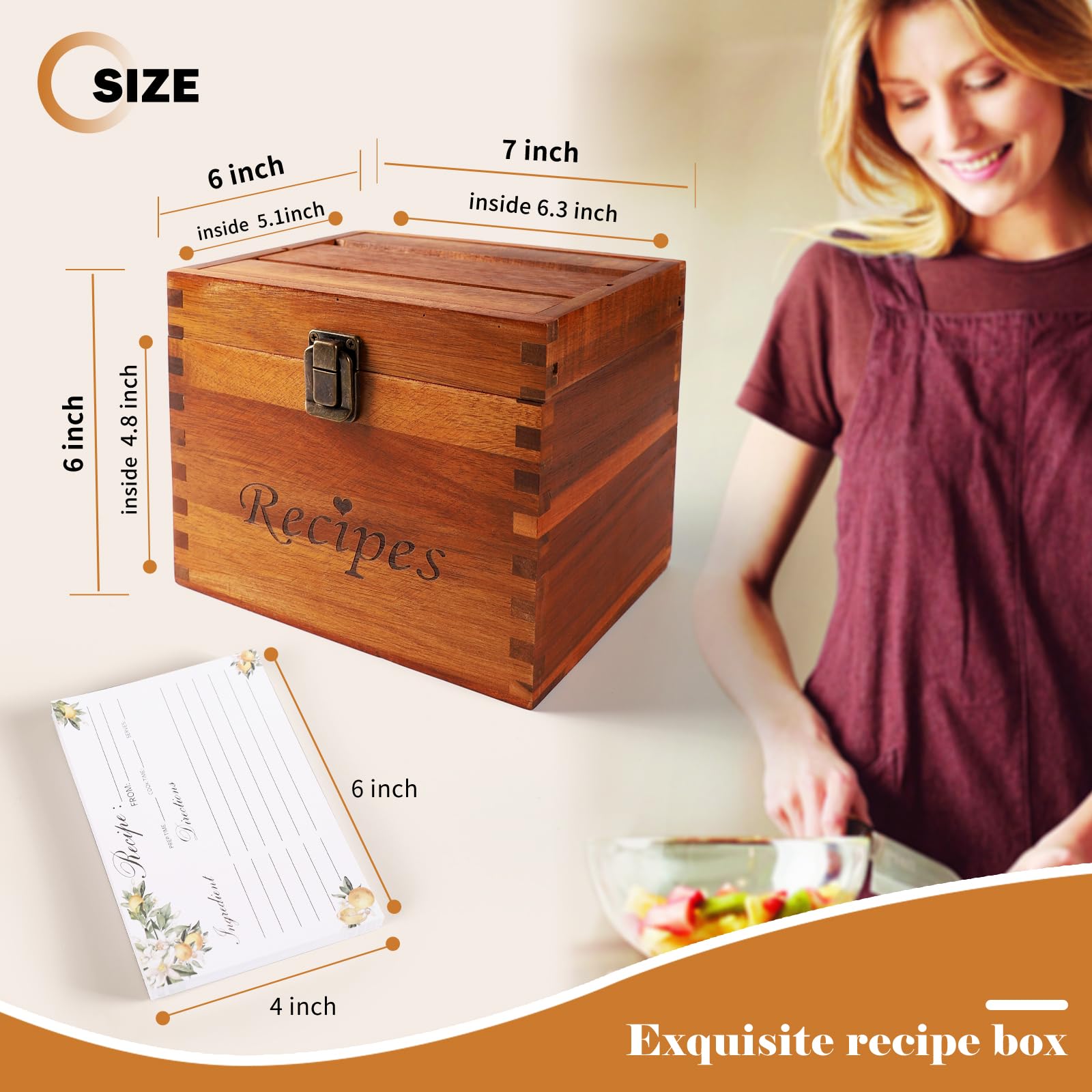 Acacia Recipe Box with 50 Blank Recipe Cards and 24 Dividers | Wooden Recipe Box with Divider Tabs, 2 Compartment | Wood Recipe Box with Double Sided 4 x 6 Recipe Cards and Box Set