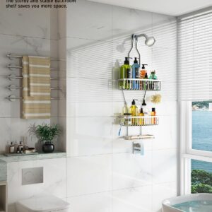 Shower Caddy Hanging Bathroom Organizer: Over Head Long Rack for Tall Showerhead - Extra Large Shelf for Big Shampoo Bottles with Soap Holder