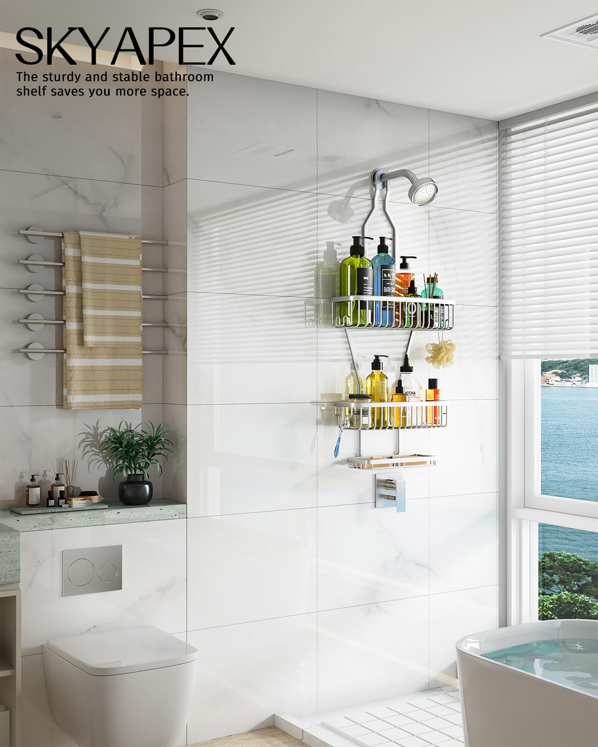 Shower Caddy Hanging Bathroom Organizer: Over Head Long Rack for Tall Showerhead - Extra Large Shelf for Big Shampoo Bottles with Soap Holder