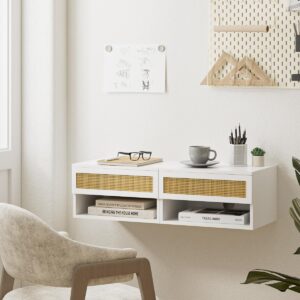 Floating Nightstand, Small Modern Floating Nightstand with Drawer, Floating Shelves for Bedroom, Bathroom (White Rattan)