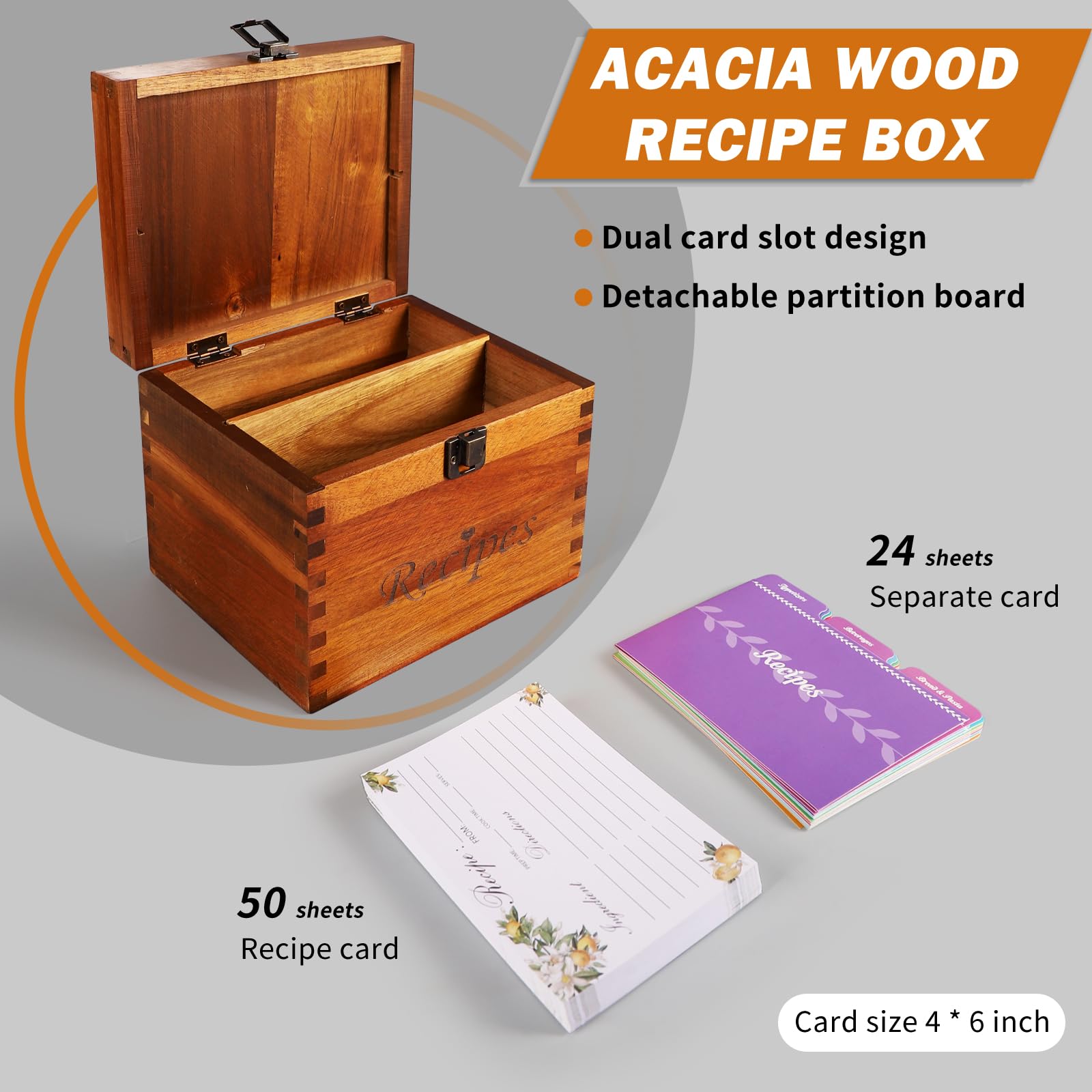 Acacia Recipe Box with 50 Blank Recipe Cards and 24 Dividers | Wooden Recipe Box with Divider Tabs, 2 Compartment | Wood Recipe Box with Double Sided 4 x 6 Recipe Cards and Box Set