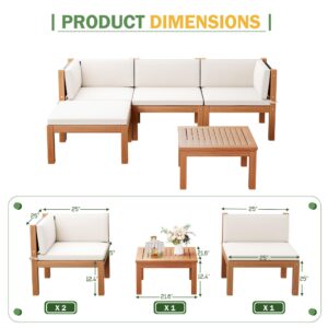 Devoko 5 Pieces Outdoor Sectional Couch Patio Sectional Sofa with Acacia Wood Coffee Table, Outdoor L-Shaped Couch with All-Weather Cushion for Patio,Deck,Backyard(White)