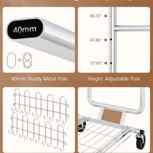 Hoctieon 2-Minute Assembly Double Rod Clothes Rack, Heavy Duty Rolling Clothing Racks with Wheels, Foldable Commercial Garment Rack, Extendable Hanging Bar, Adjustable Metal Pole with Hooks, Chrome