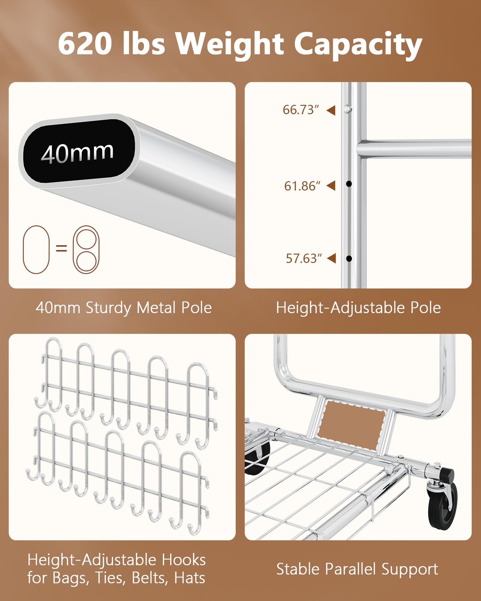 Hoctieon 2-Minute Assembly Double Rod Clothes Rack, Heavy Duty Rolling Clothing Racks with Wheels, Foldable Commercial Garment Rack, Extendable Hanging Bar, Adjustable Metal Pole with Hooks, Chrome