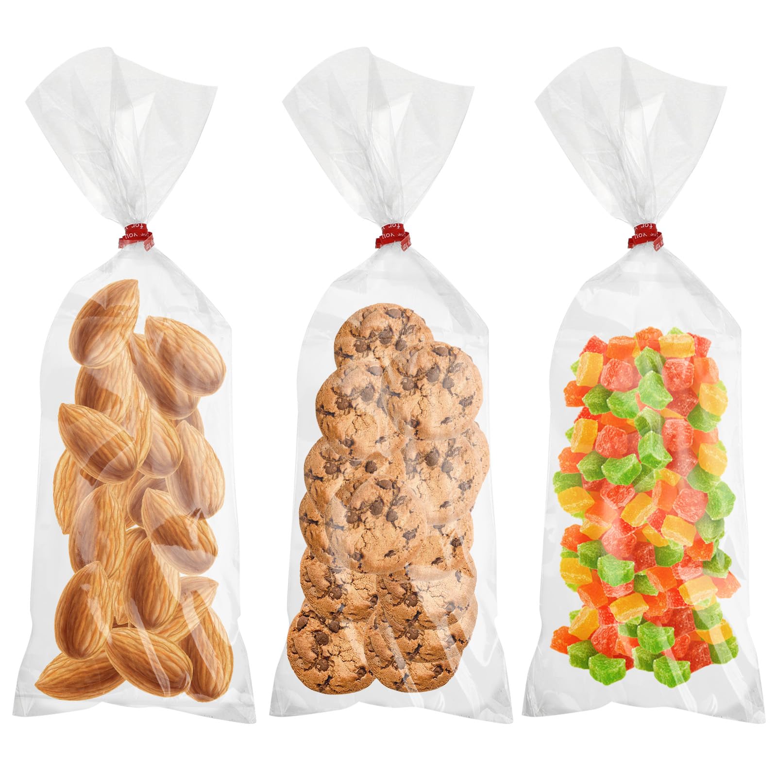 Clear Candy Bags,100 Pcs 4x11 Inch Plastic Cookie Bags, Long Treat Bags Set with 5 Mix Colors Twist Ties, Gift Wrap Supplies for Birthday Party Favor Packaging Pretzel Bread Donut Lollipop