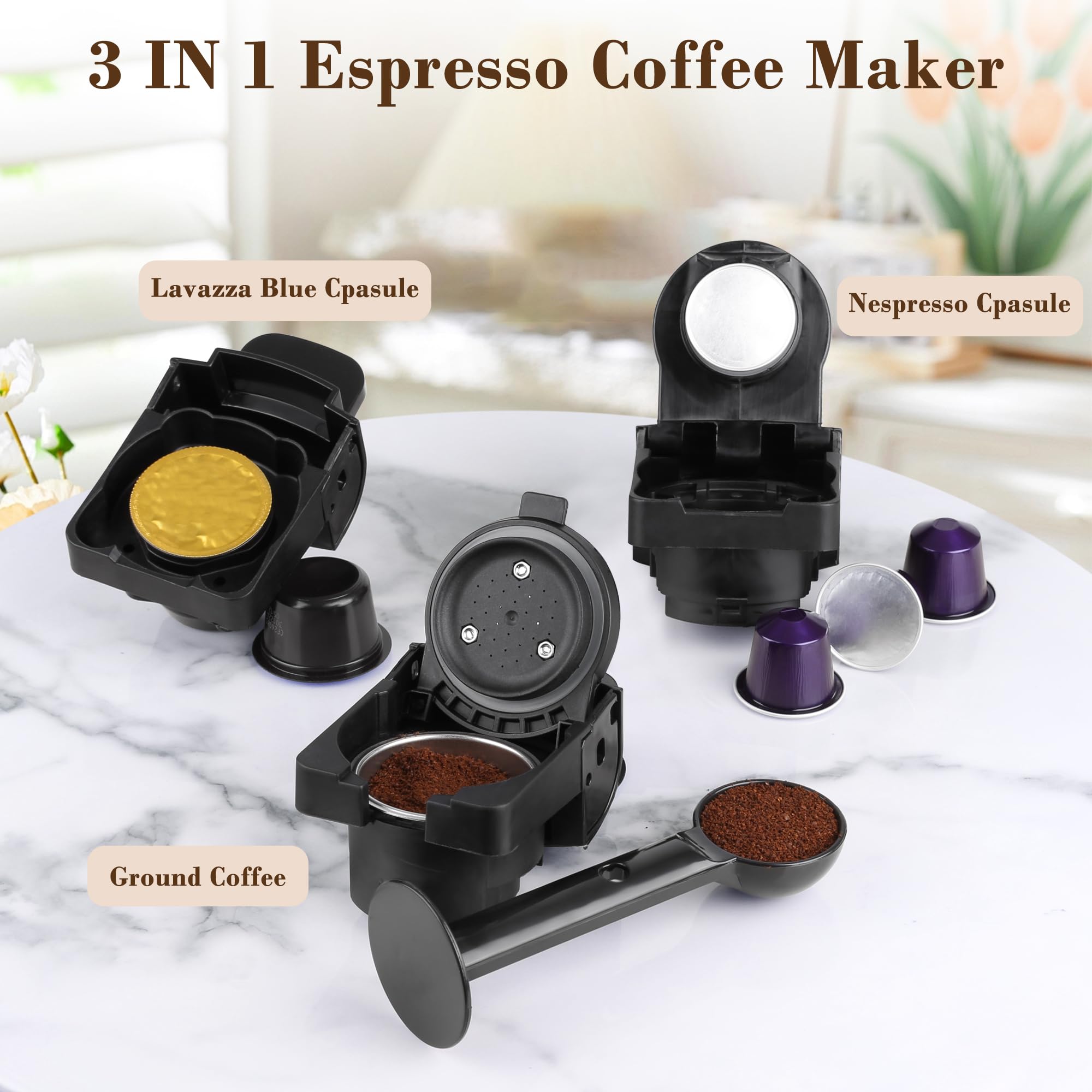 DIVINOCAFFÉ Espresso Maker for Nespresso Capsule, Lavazza Blue Capsule & Coffee Powder, 19 Bar Pump Pressure Makes Authentic Espresso Coffee, Mini Espresso Coffee Machines with Removable Water Tank.