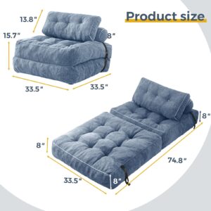 MAXYOYO Folding Sofa Bed, Convertible Sleeper Chair with Pillow Foldable Mattress with Back Support, Portable Fold Out Sofa Couch Fuzzy Fabric Comfy Floor Sofa Lounge for Living Room, Dusty Blue